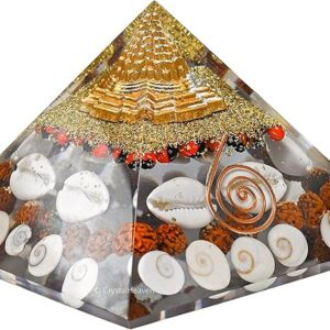 Shri Yantra Gomti Chakra Laxmi Pyramid - 90mm Large Maha Laxmi Orgonite Pyramid with Shree Yantra - Feng Shui Vastu Items for Home with Rudraksha, Gomati Chakra, Chirmi & Kaudi Shells (Wealth Pyramid